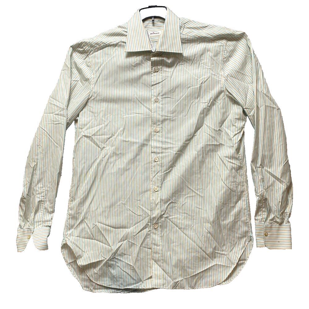 Kiton Shirt Adult 16/41 (Large) Yellow Stripes Button Up Casual Cuffs Dress Mens